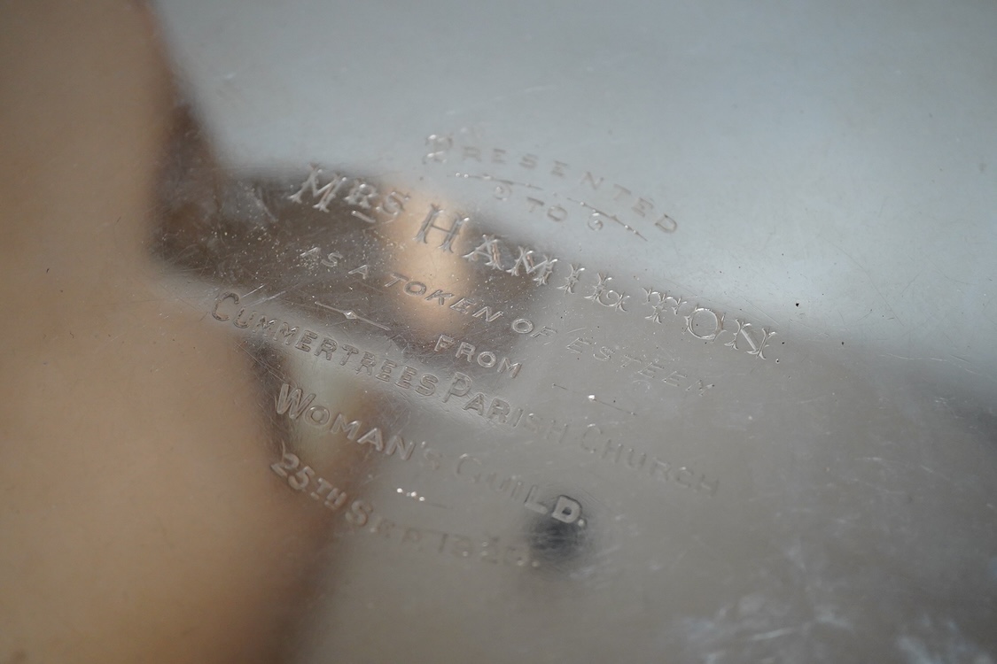 A George V silver salver, with engraved presentation inscription, Barker Brothers, Chester, 1911, 26cm, 17.5oz.